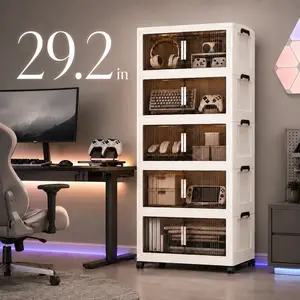 Naviconvex 29.2" W Gaming Storage Cabinet with Doors 5-Tier Foldable Rolling Organizer Amber Clear Double Doors Plastic with Wheels for Game Room Bedroom Office 71.5" H