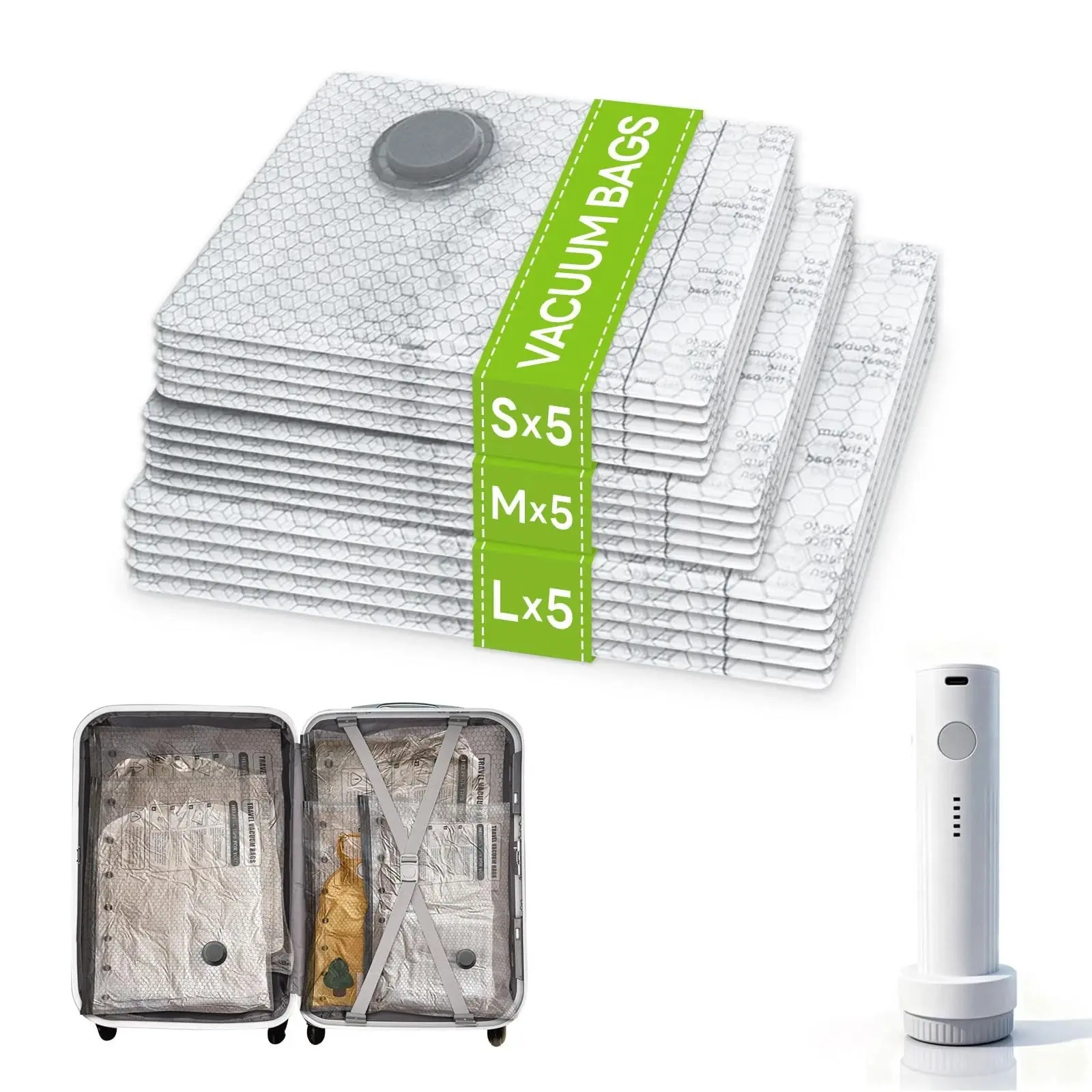 【Summer vibes】Cordless Travel Vacuum Storage Compression Bag Organiser Set with Rechargeable Air Pump (15-Pack), 3 Sizes, 140L/Min Powerful Air Removal, Waterproof Reusable Bags for Travel, Carry-On Suitcases