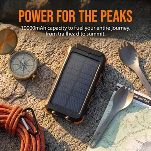 1-Pack portable charger – 10000mAh power bank with Solar Charging! This versatile battery pack chargerportable harnesses solar energy for on-the-go power, perfect for outdoor adventures like rock climbing, hiking, camping trips, picnics, and fishing.