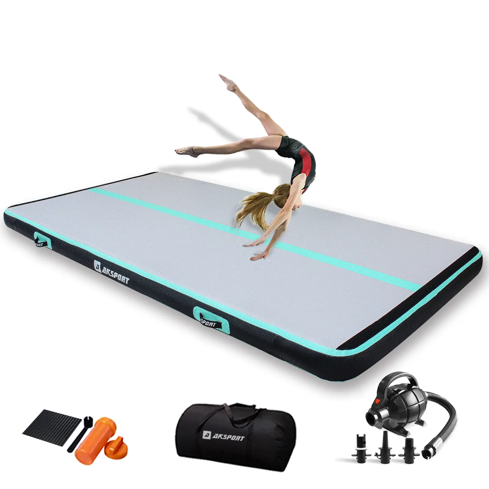 AKSPORT Gymnastics Air Mat Tumble Track Tumbling Mat Inflatable Floor Mats with Air Pump for Home Use/Tumble/Gym/Training/Cheerleading/Parkour/Beach/Park/Water