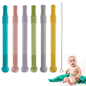 6-Pack Silicone Hollow Teether Tubes, BPA-Free Sensory Chew Straws for Babies 3-36 Months, Freezable Teething Toys for Infant Development-Easter Gift