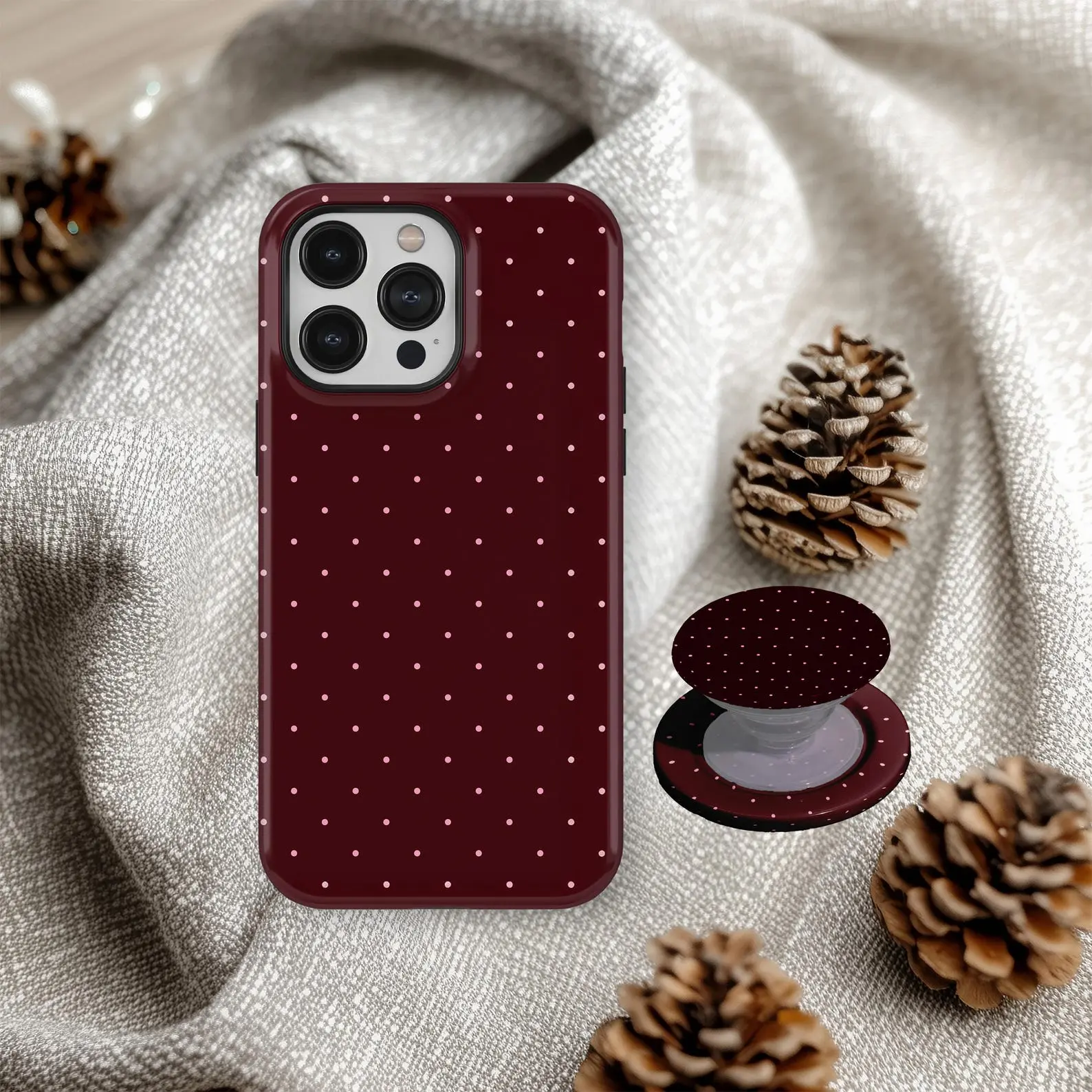 PRETTY PLEASE Burgundy Polka Dot Magsafe Tough Phone Case, Phone Grip, Popsocket, Gift, For Iphone 17 16 15 14 13 12 11