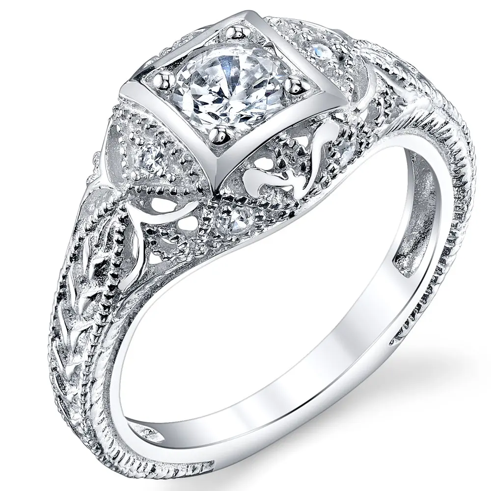 Women's 1ct Total Weight Carved Filigree Moissanite 925 Sterling Silver Ring, Elegant Artificial Gemstone Wedding Engagement Jewelry with Art Deco-Inspired Vintage Romance, Elegant Artificial Gemstone Rings