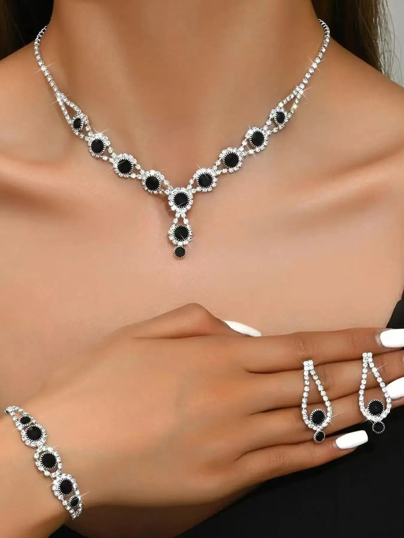 Women's Elegant Rhinestone Decorated Necklace & Earrings & Bracelet, Exquisite Trendy Jewelry Set, Fashionable Accessories for Party & Daily Clothing Decor, Matching Jewelry Set
