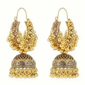 Women traditional jhumka hoop earrings with dangling bells, gold plated hoop earrings for women jewelry