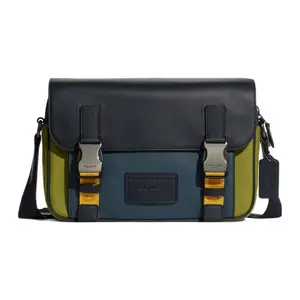 COACH Track 27 Color-Block Zip-Top Crossbody Bag for Men and Women – Genuine Leather, Adjustable Strap, Black/Blue/Green