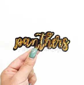 Gold Panthers Mascot Script Letter Sequin Patch - Small