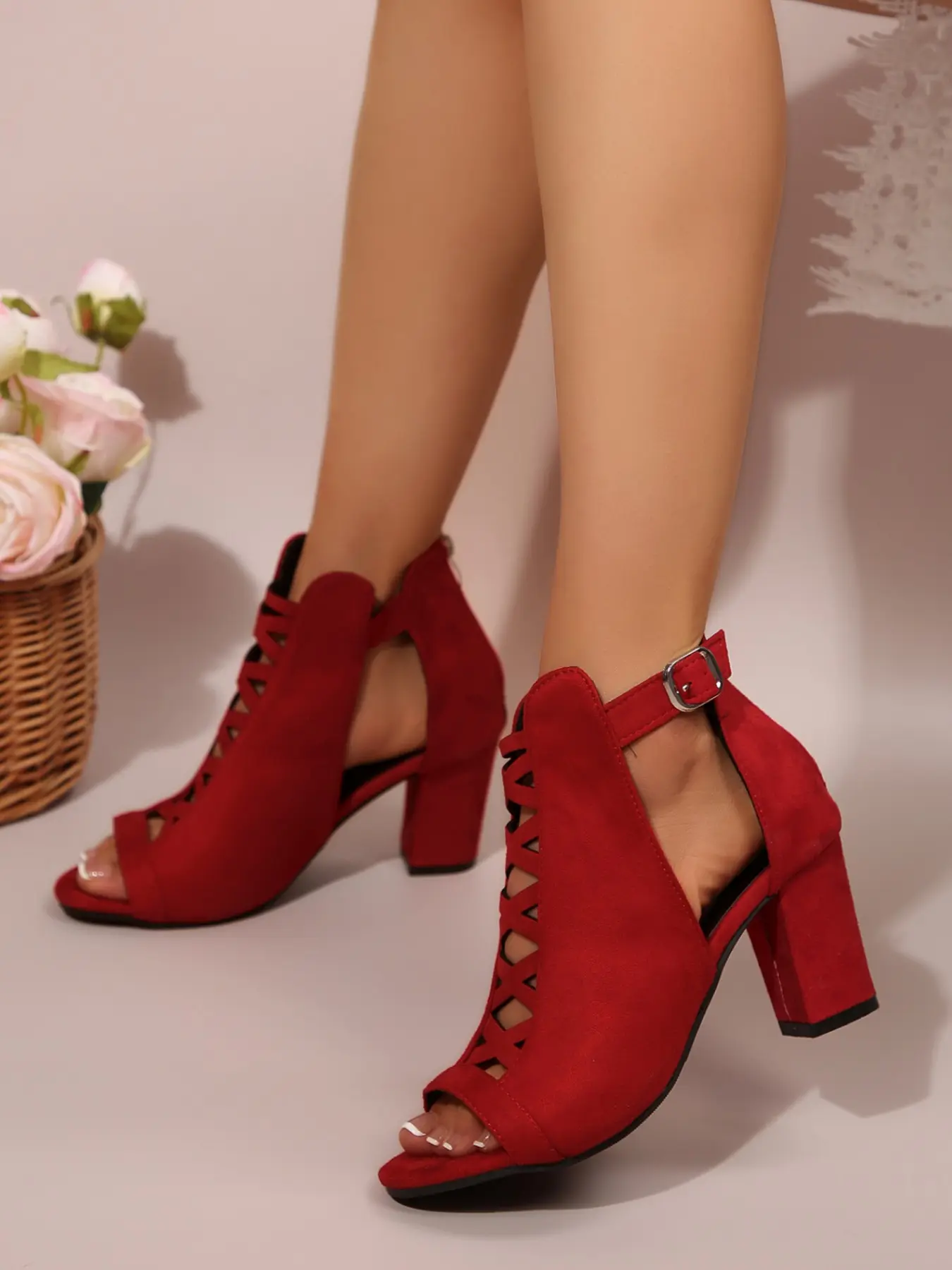 Hollow Out Chunky High Heel Sandals, Velvet PU Upper, Cross Strap Design, Sexy Less Than Ankle Shoes, Perfect for Weddings and Dates