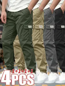Men's Tactical Work Cargo Pants, 4-Pack - Durable and abrasion-resistant fabric, multiple practical pockets, suitable for outdoor work, hiking, spring and autumn seasons, solid color design, flexible workwear, outdoor workwear with functional pockets and