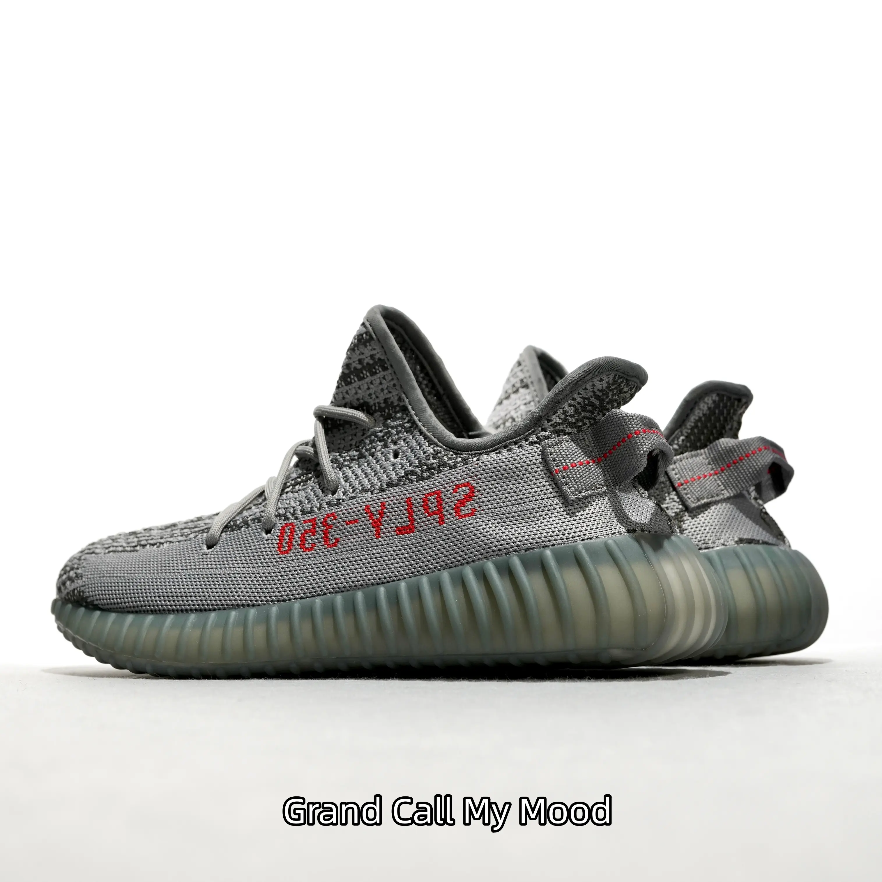 Two Tone Grey Sage Breathable Stretch Knit Lifestyle Trainers Minimal Red Heel Accent Ultra Light Wave Foam Rubber Outsole Daily Walking Street Kicks Unisex