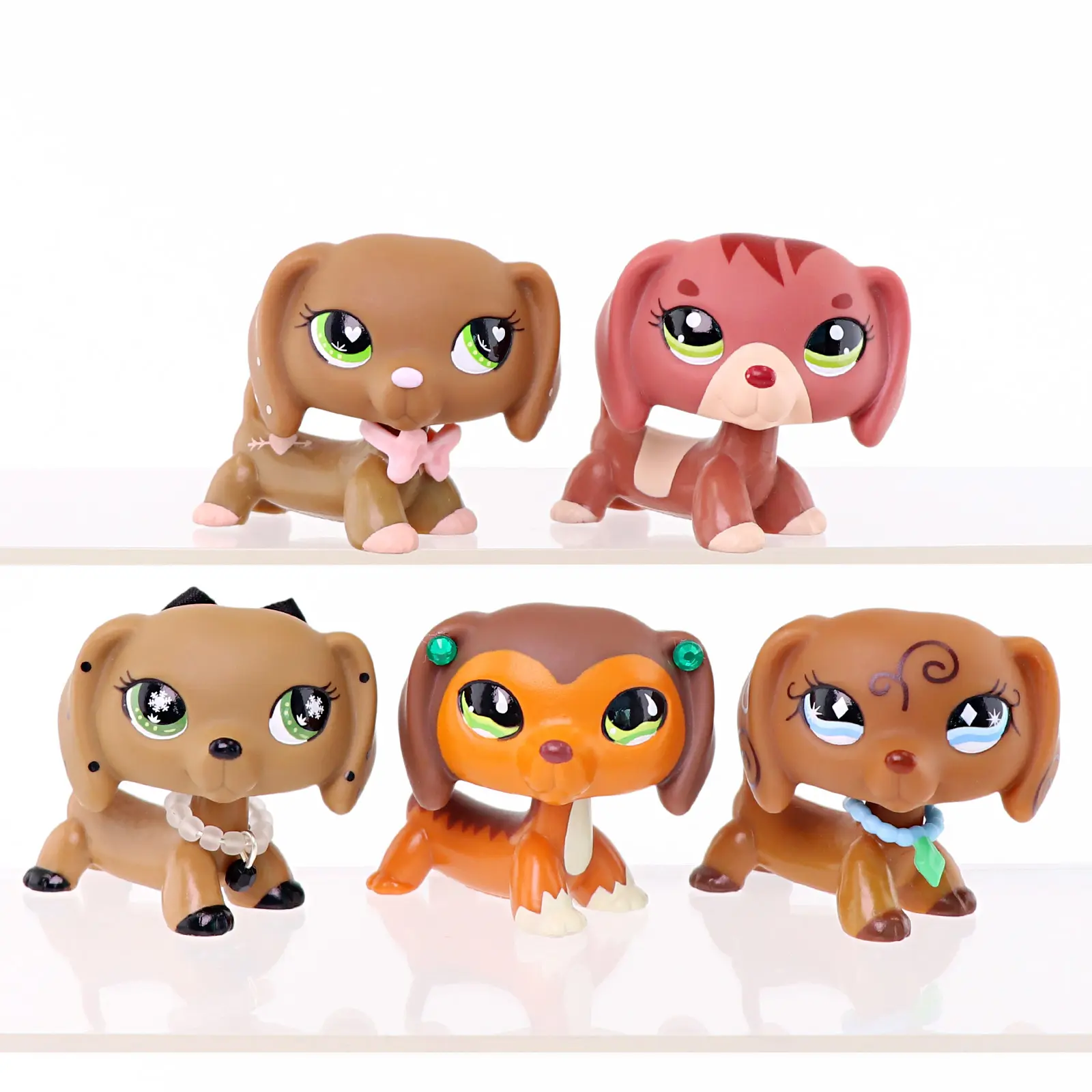 5 Pcs Mini Dog Figure Set, Cartoon Dachshund Puppy Toys with Bow Beaded Necklace Gem Collar Accessories, Collectible Small Pet Figurines, Kids Birthday Party Gift Desktop Cake Topper Decor