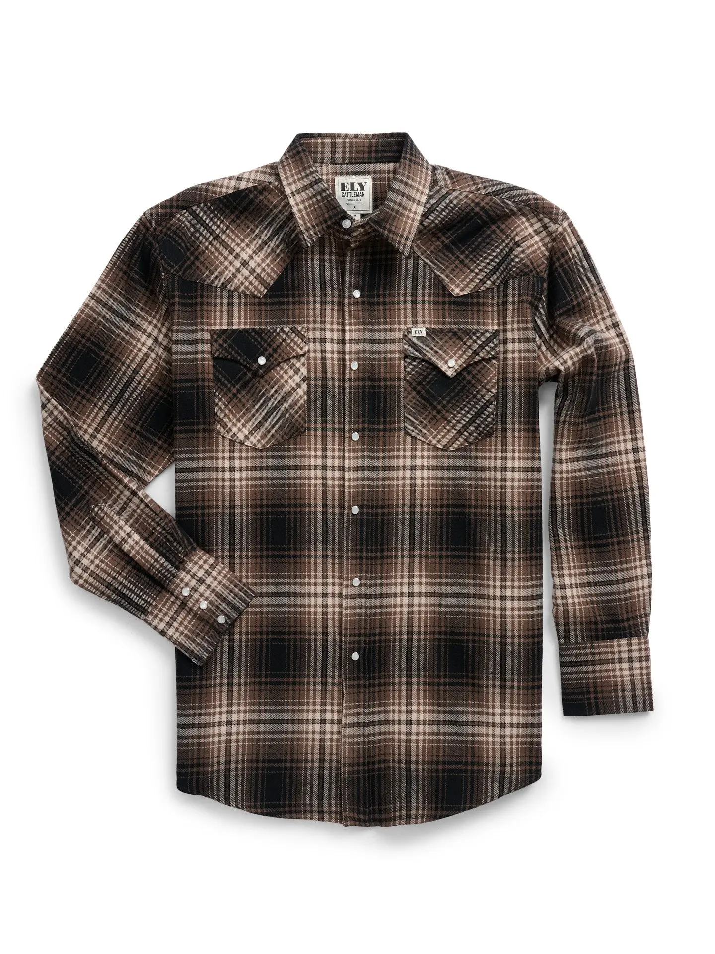 Men's Ely Cattleman Basic Long Sleeve Brawny Plaid Flannel Western Snap Top, Tan, Casual Style with Pocket