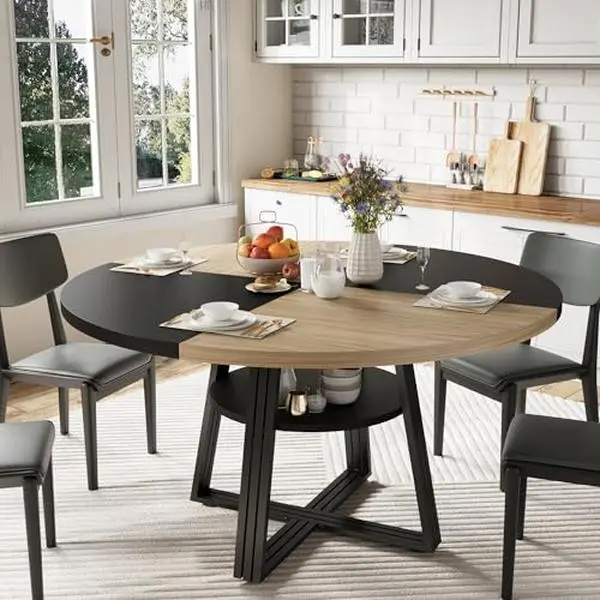 GARVEE Round Dining Table for 4-6, 47.2 in Farmhouse Kitchen Table with Storage, Circle Dinner Tables for Kitchen, Dining Room, Living Room, Meeting Room, Apartment, Natural and Black