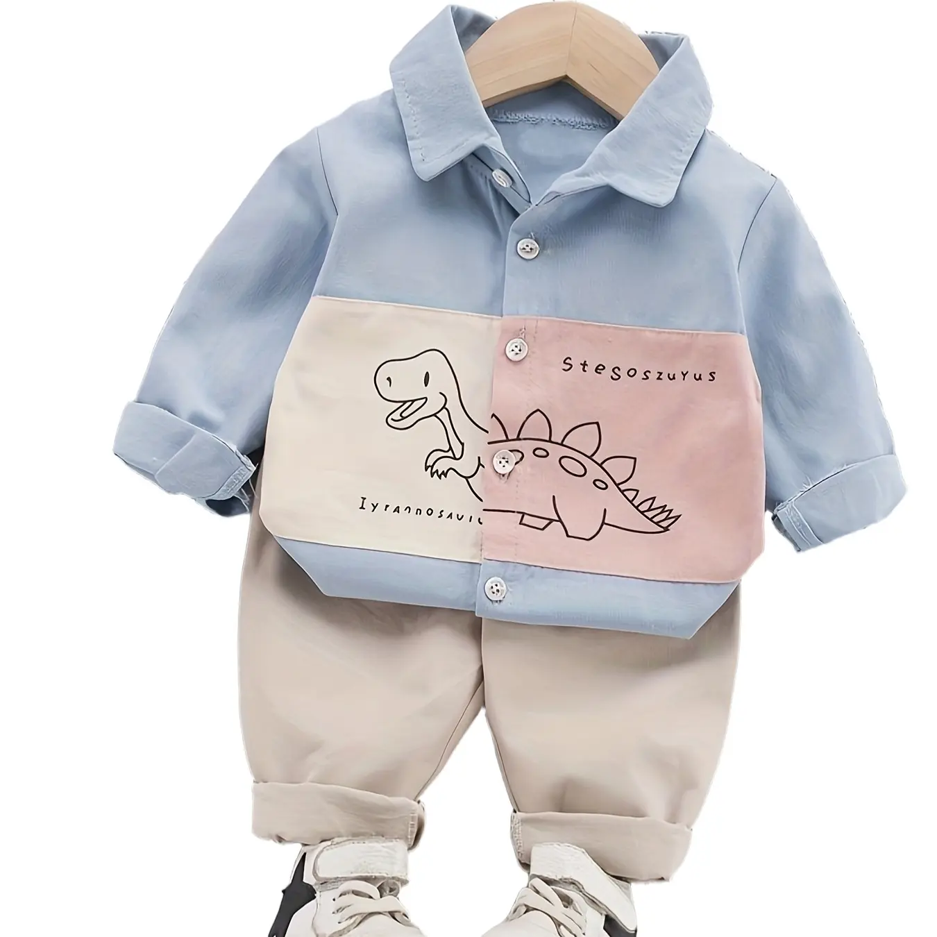 Spring and Autumn Boys' Color blocked Cartoon Dinosaur Shirt Long Sleeve+Casual Pants Set