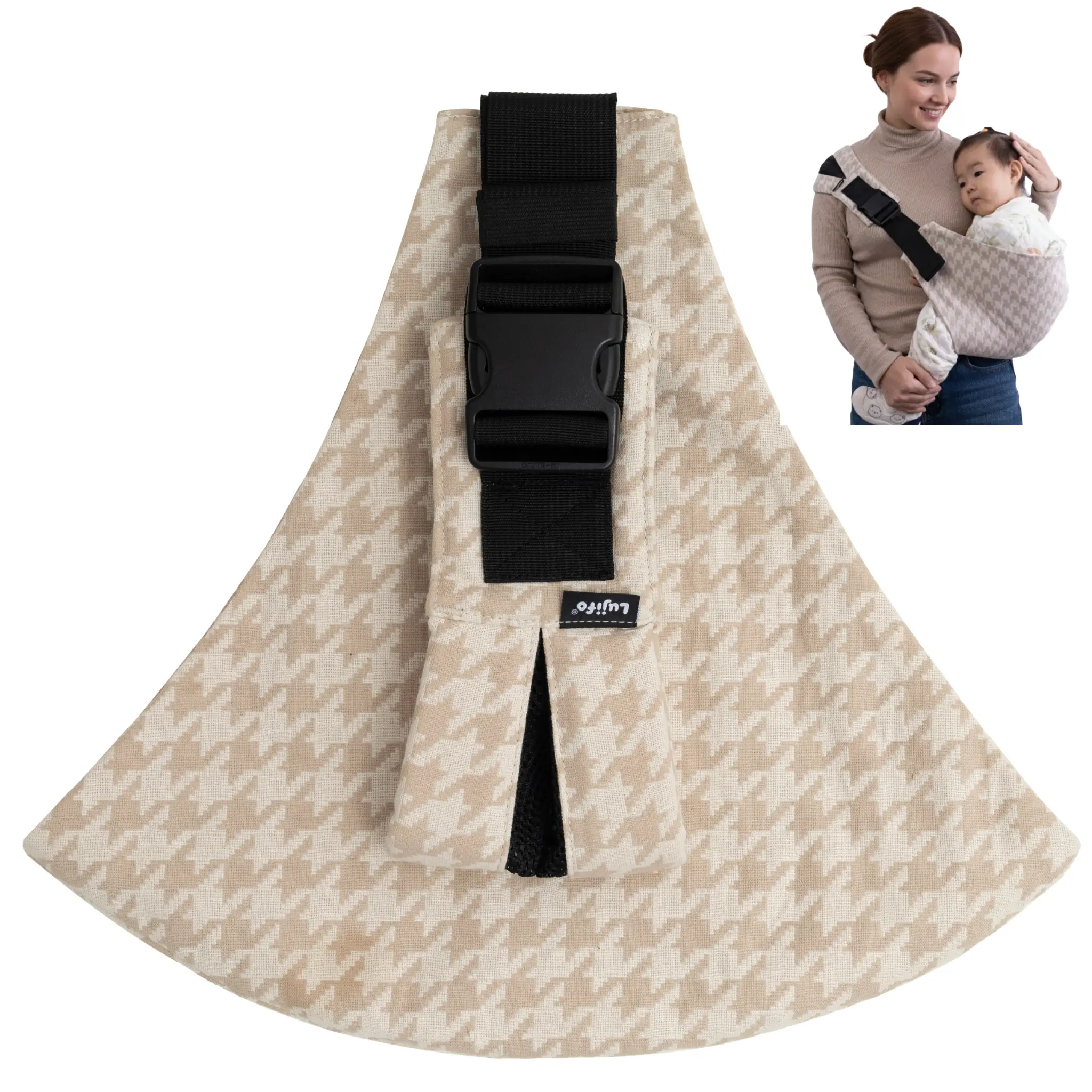 LUJIFO Lightweight Cotton Linen Baby Side Carrier - Chic Houndstooth Toddler Sling, Adjustable Ergonomic Carrier, Lightweight Baby Travel Gear, Lightweight Carrier