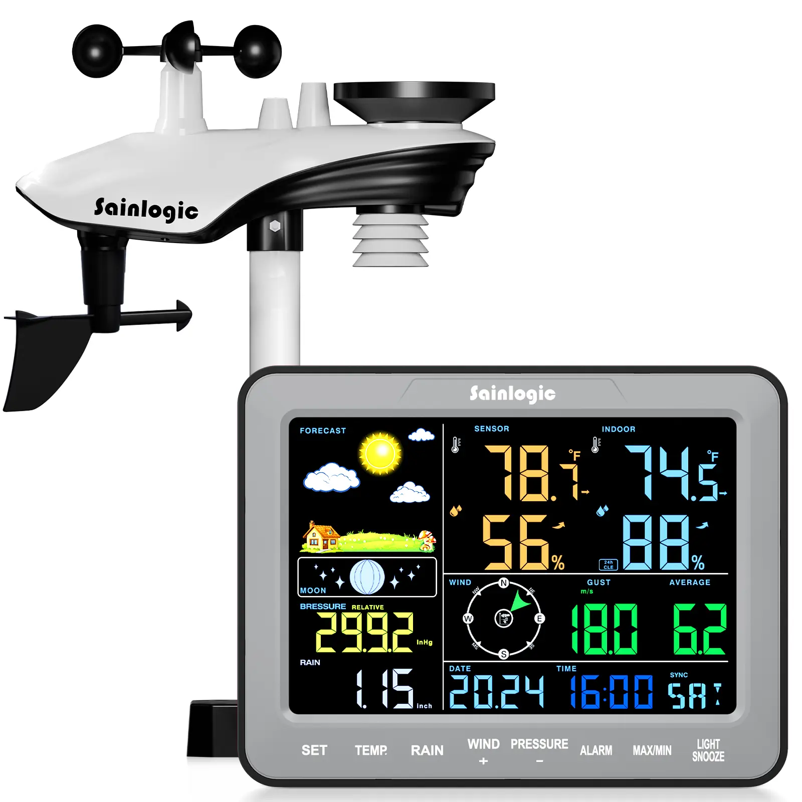 Sainlogic SA68 Gray No-WiFi Home Weather Station - Wireless Indoor-Outdoor Measuring Tool for Backyards, Kitchens, Seniors with Precise Measurement, Temperature, Humidity, Forecast, Pressure, Moon Phase, Rainfall Monitor, Bedroom Alarm Clock, Multiple Fun