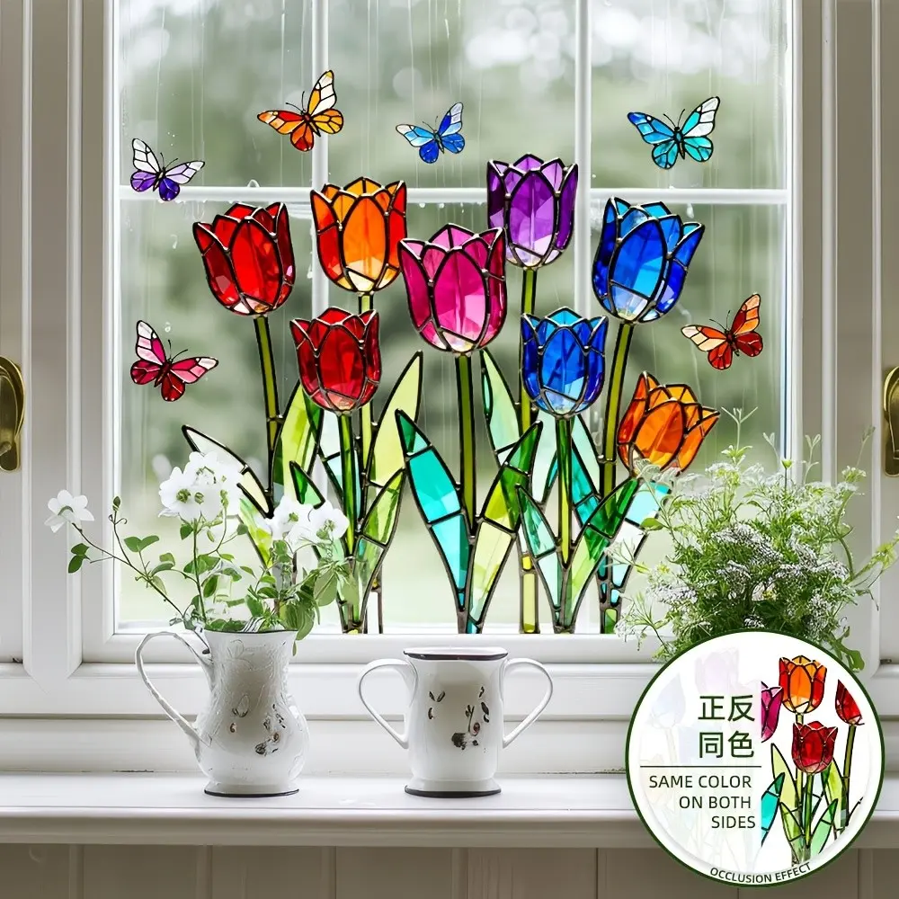 Colorful Tulip Butterfly Static Window Sticker, Both Sides Same Color, Sunlight Refraction Effect, Kitchen Bedroom Window Decorative Stickers, Summer Window Clings, Decorative Decal