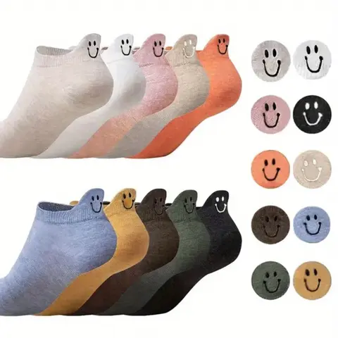 Women's 10-Pairs Mixed Casual Comfy Cute Novelty Graphic Low Cut Socks Set, Fun Cartoon Smiley Faces, Assorted Colors, Lightweight Soft Breathable All-Season Hosiery, Cozy Feet (Womenswear & Underwear)