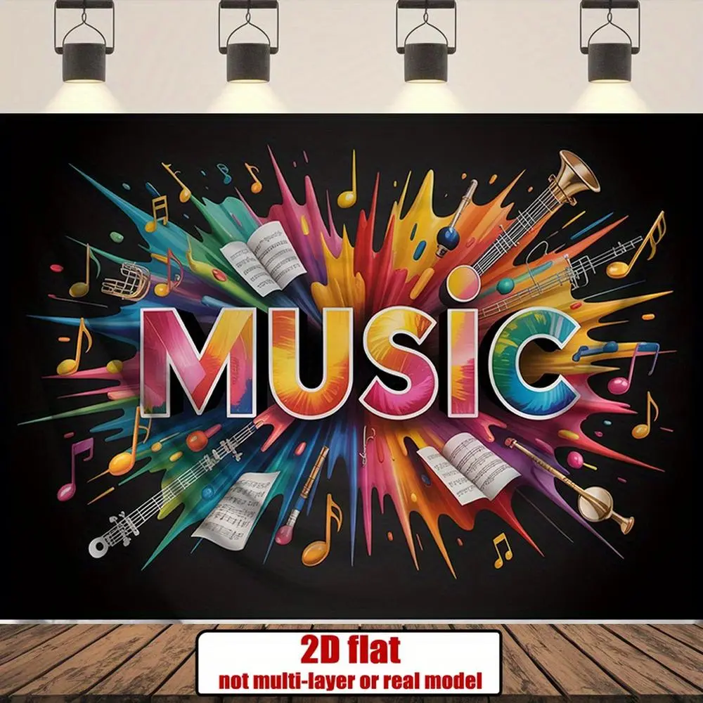 1pc Music-Themed 2D Flat Party Banner - Bold "MUSIC" Lettering, Multicolor Musical Notes, Vibrant Polyester Fabric Wall Decor, Birthday Party & Home Festive Supplies Backdrop