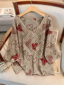 Women's Heart Print Long Sleeve Knit Top, Casual Elegant Vacation Style Sweater, Loose Batwing Shoulders, Spring Summer Fall Fashion Knitwear, Womenswear Clothes