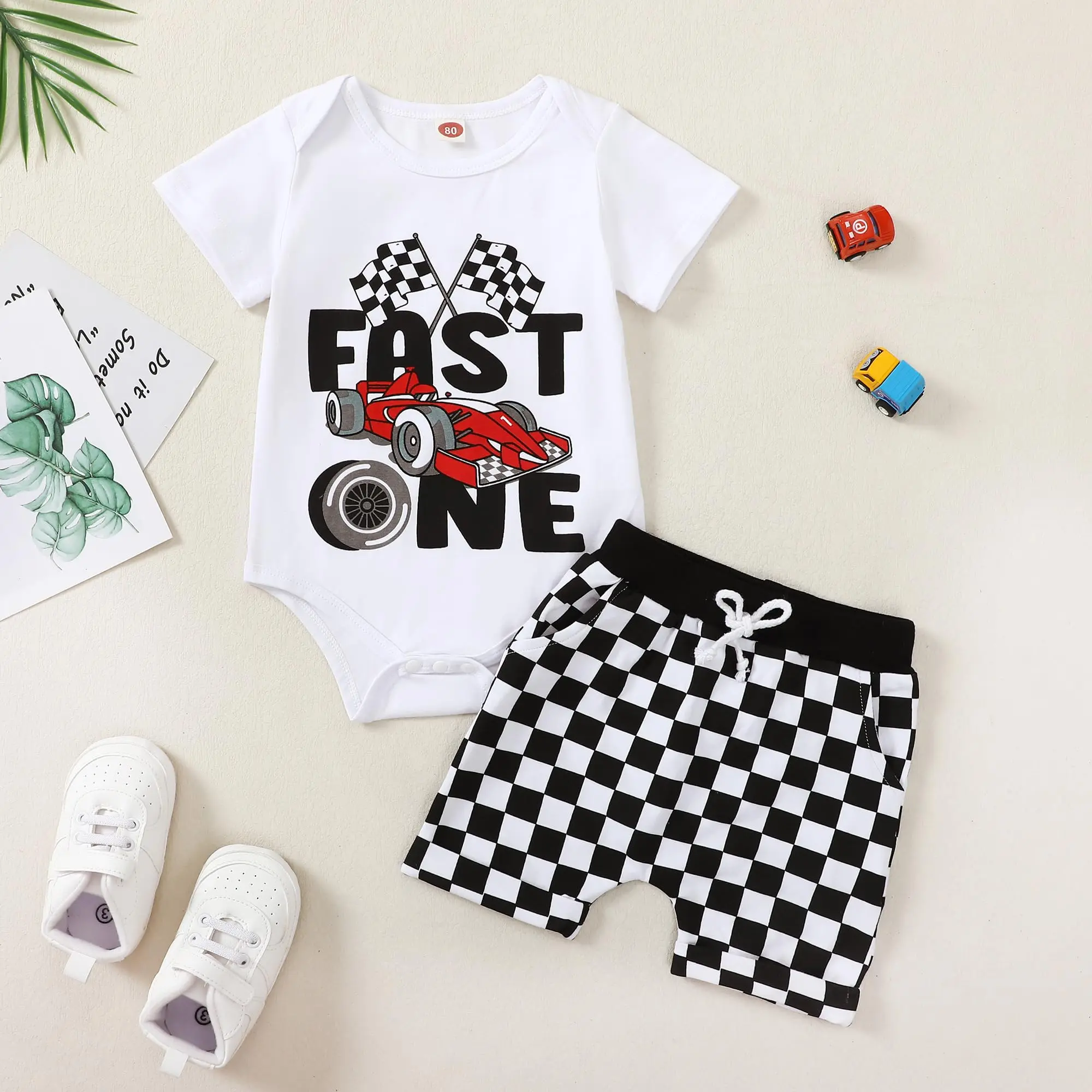 New Cute Infant Boys' 2-Piece Matching Set Clothes Gift Set - Short Sleeve Race Car & Checkered Flag Print Bodysuit, Checkered Shorts for 1st Birthday