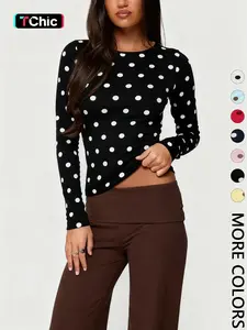 Women's Polka Dot Long Sleeve Slim Fit Short Top, Vintage Bodycon, Perfect for Dates and Shopping, Stylish Casual Wear
