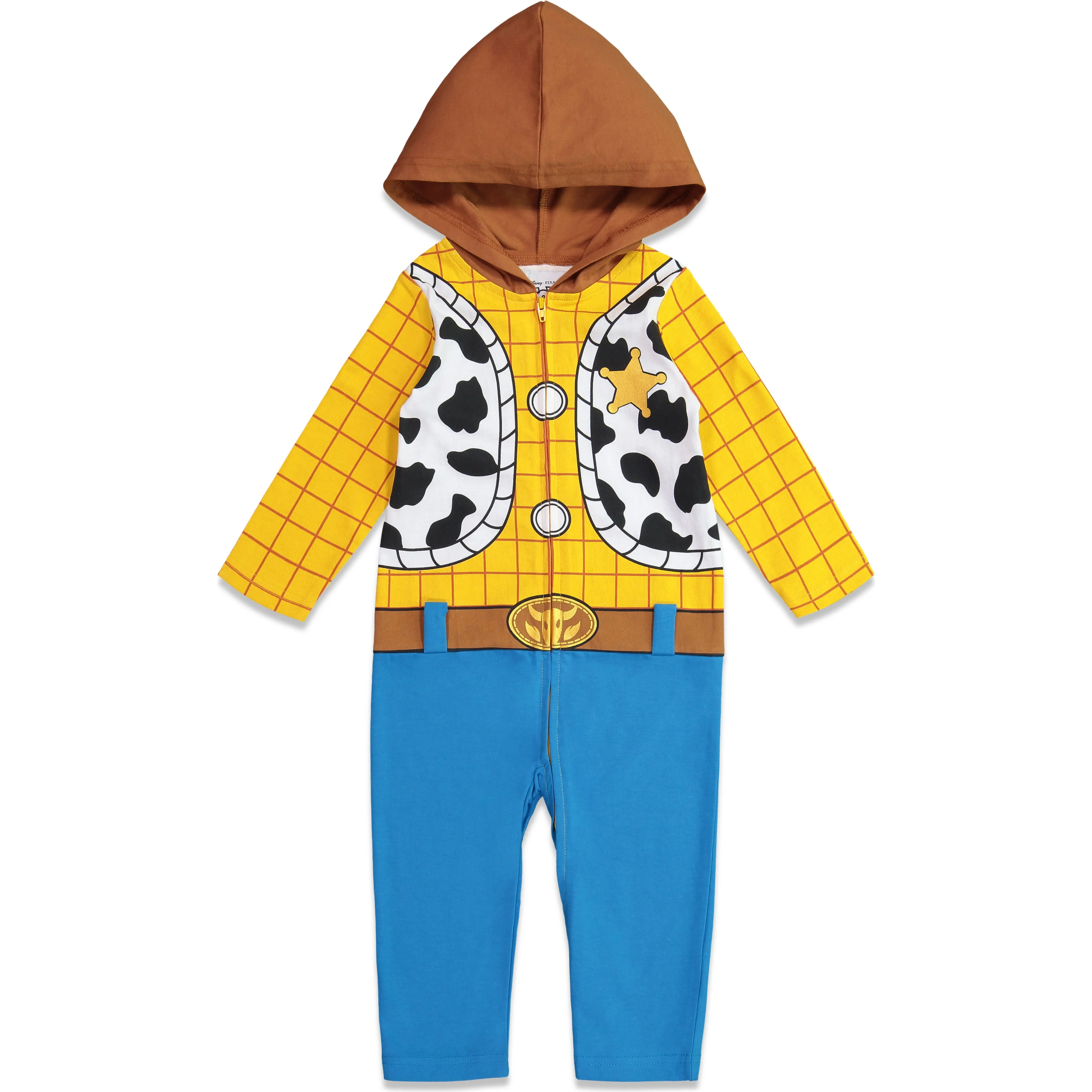 Disney Toy Story Woody Baby Halloween Costume Hooded Zip Front One Piece Outfit Blue Yellow Newborn to Infant