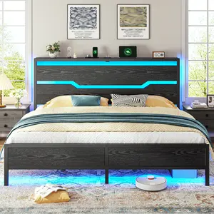 Wood Bed Frame for Queen King Full with Headboard & Storage Shelf, Queen Size Bed Frame with LED Lights & Charging Station,  No Mattress, Holds up to 900LBS with Metal Slats & Frame, No Noise