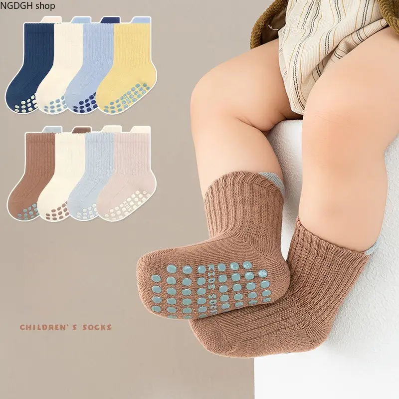 Double needle drawing large area dispensing baby socks infant and toddler floor socks four pairs of solid color trampoline socks