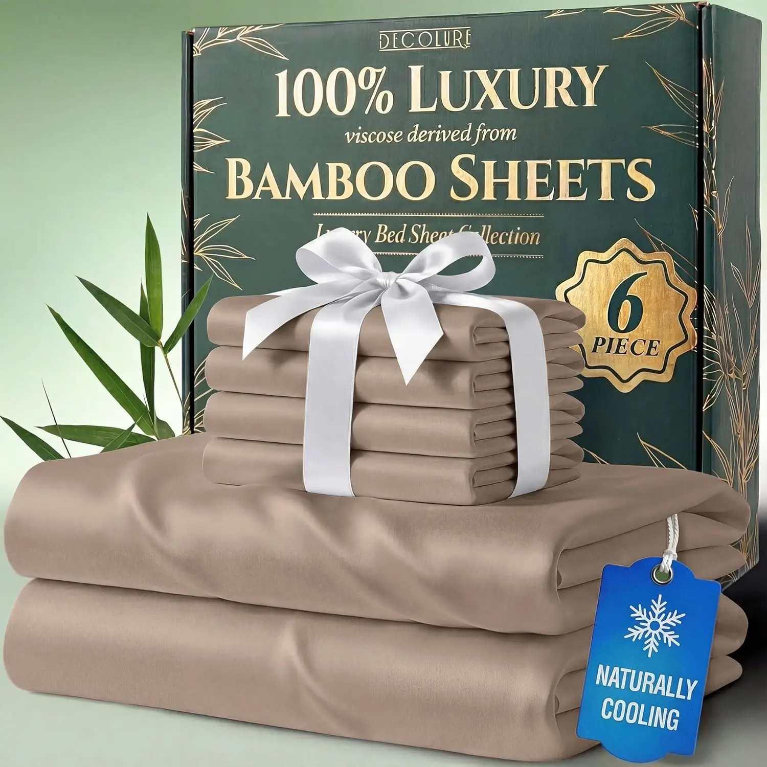 DECOLURE Bamboo Sheets 6pc Set 100% Viscose Ultra-Soft 17” Deep Pocket Double Stitching OEKO-Tex Certified Cooling Bedding for Hot Sleepers