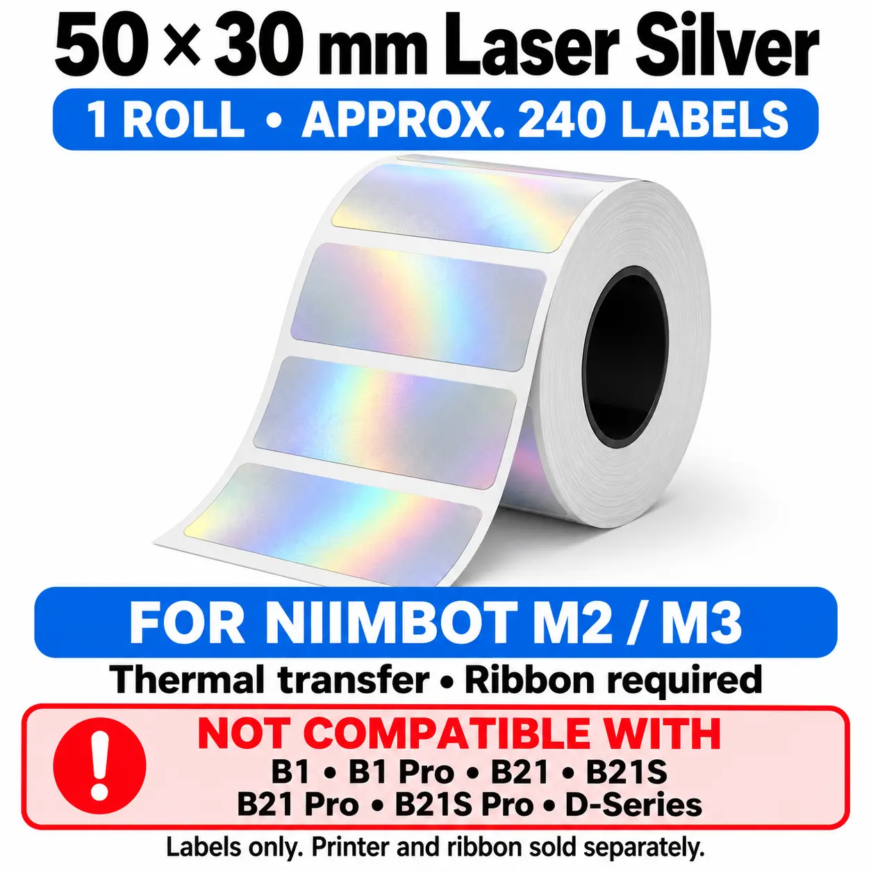 NIIMBOT M2/M3 Thermal Transfer Labels, 50 x 30 mm Holographic Laser Silver, Ribbon Required - Small Business Packaging, Sample Containers & Inventory