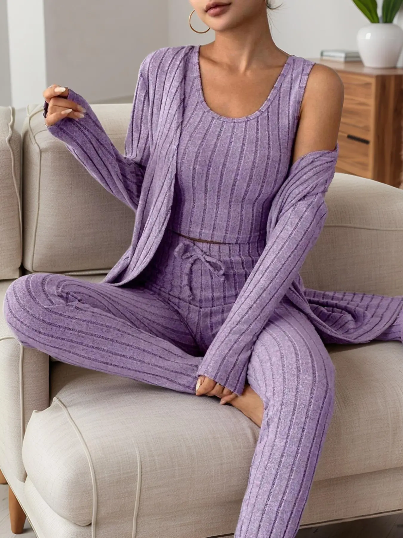 Women's Solid Ribbed Knit Tank Top & Pants & Open Front Long Sleeve Outwear, Casual Comfy Pyjama Set, Women's Sleepwear for Spring & Fall
