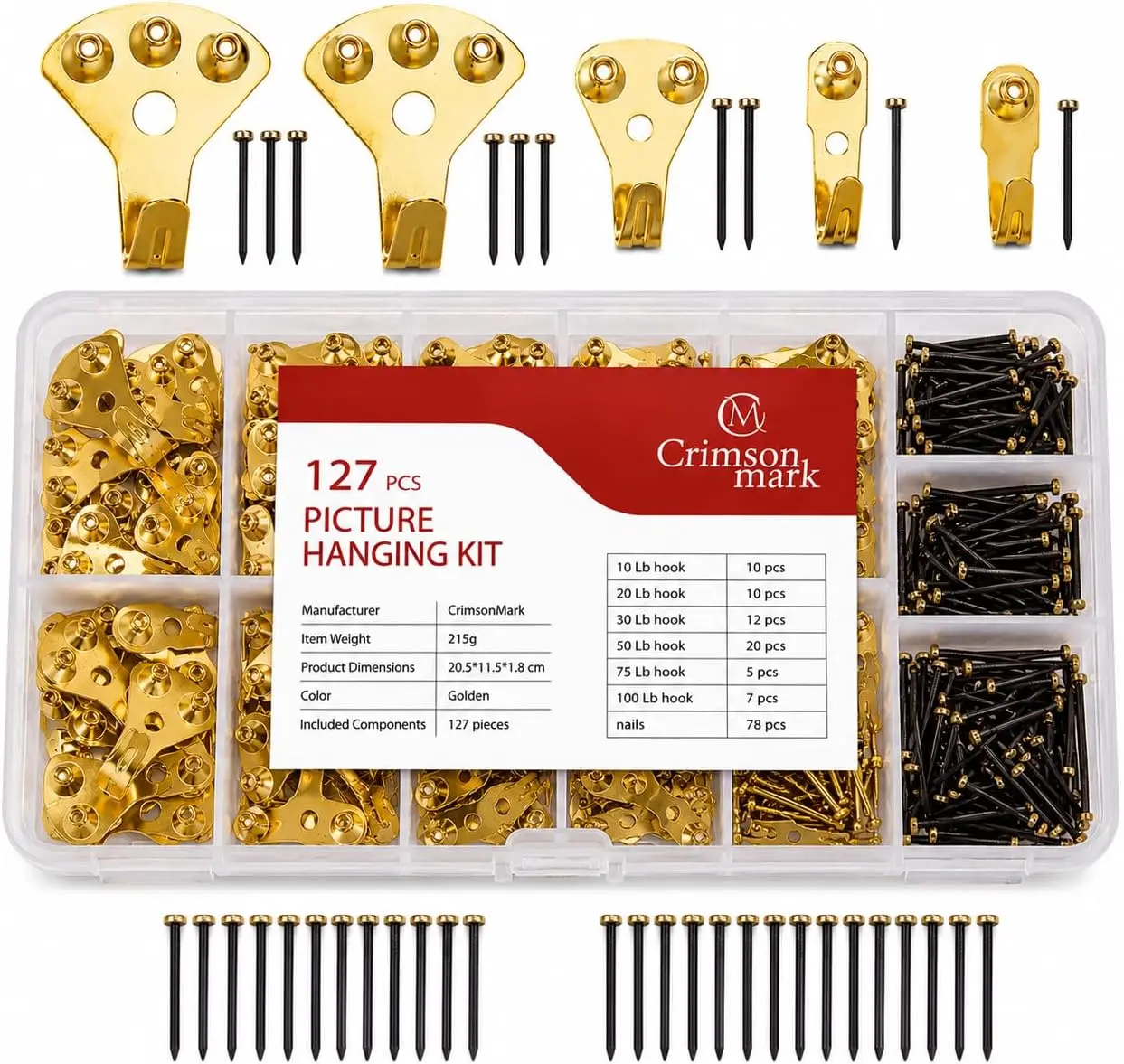 Heavy Duty Picture Hanging Kit, 127 PCS Professional Wall Hanging Hardware with Nails, Holds 10-100 lbs, Picture Hangers for Drywall, Wood & Plaster, Frame Hanging Kit by CrimsonMark