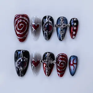 Fullovenail Almond Shape Cat Eye Cross Handmade Press on nail