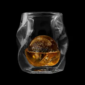 JB Double Wall Whiskey Glasses/ Set of 2/ Silicone Ice Ball Molds/ 6oz Double Walled Hand Blown Whisky Glass/ Sniffing Whiskey Old Fashioned Scotch Bourbon Manhattan Cocktails/ Gift Set Men