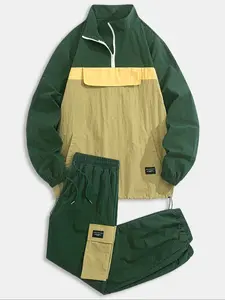 Men's Outdoor Sports Windbreaker Set, Athletic Activewear Tracksuits, Half-Zip Hooded Jacket & Drawstring Pants, Colorblock Patchwork Design, Casual Long Sleeve Outerwear