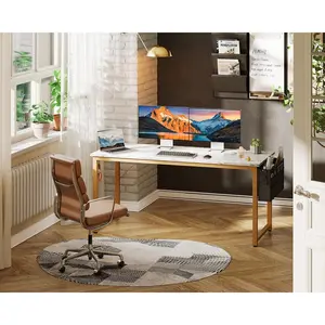 Computer Desk Large Office Desk, 55 Inch Gaming Desk with Storage, Modern PC Desk Work Table with Headphone Hook for Home Office, White Marble + Gold Leg