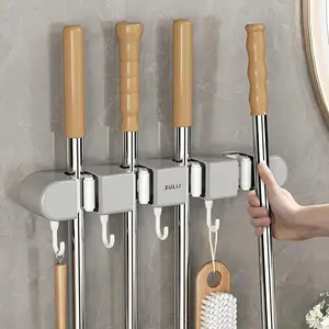 1pc Plastic Mop Hanging Rack With Clips & Hooks, Punch-free Broom Rack Hook, Wall-mounted Mop Rack, Broom Mop Holder, Household Storage Organizer For Kitchen, Bedroom, Bathroom, Office, Desk