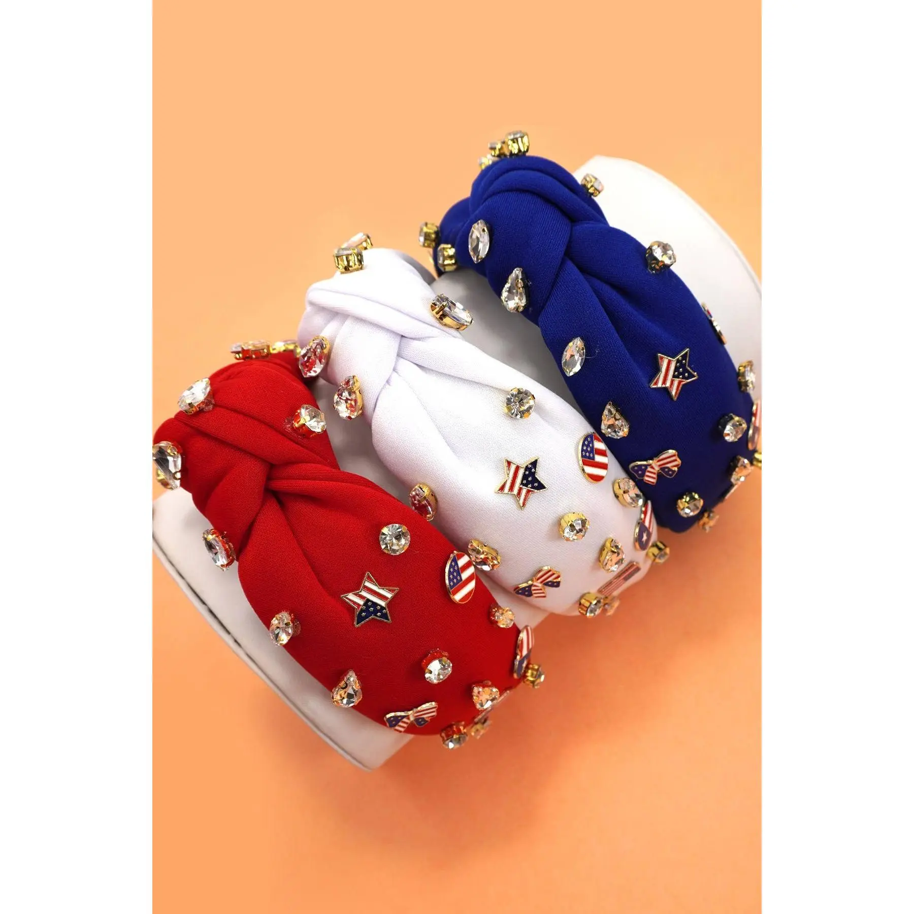 4th of July Flag Beaded Rhinestone Headband - Bling Decorative Hair Headband with Star Rhinestone Studs and Stone Accents, Beaded Rhinestone Headbands, Bling Headbands