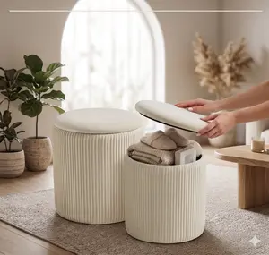 BLEXA Big Round Ottoman with Storage Set of 2-Upholstered Velvet Vanity Stool for Makeup Multifunctional Foot Rest Coffee Table Padded Seat Tufted Ottomans for Living Room&Bedroom (Big Black)