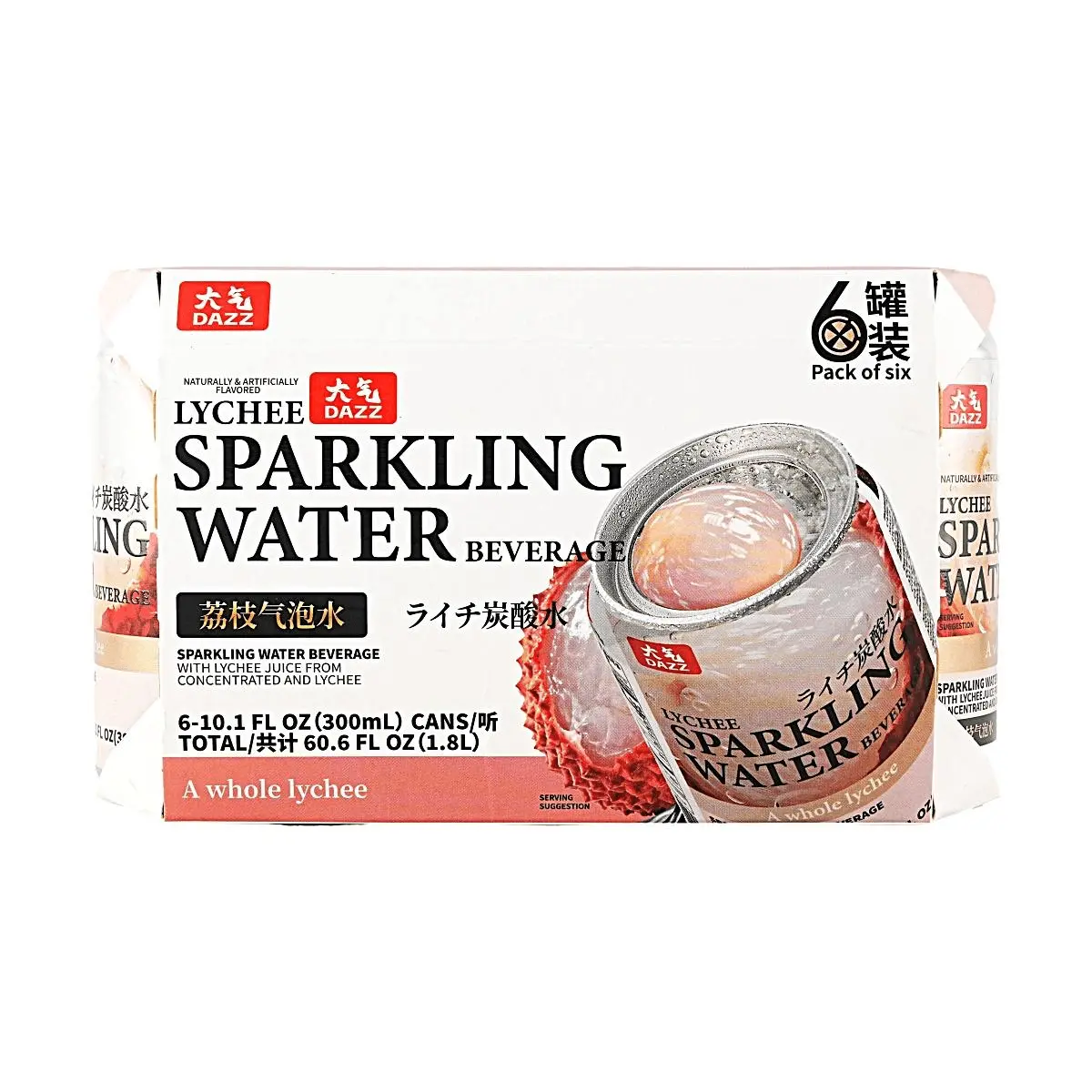 DAZZ Lychee Sparkling Water 6-Pack, 300ml Cans - Refreshing Fruit Flavored Drink