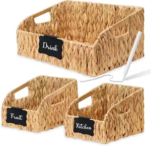 Pantry Organizers Labeled Storage Baskets for Organizing with Handles, Large Wicker Storage Baskets for Shelves,Kitchen, Water Hyacinth Storage Bins, Boho Decorative, 3Pack,Natural