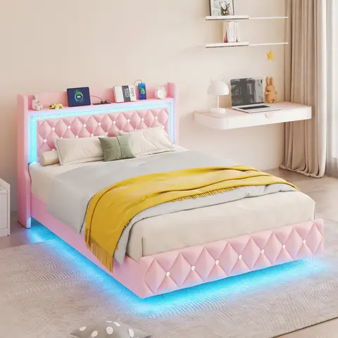 Queen /Full/Twin Bed Frame with LED Light, Upholstered Platform Twin Bed with Charging Station & Wingback, Diamond Tufted Storage Headboard & Footboard, PU Leather, No Box Spring Needed, White/Pink