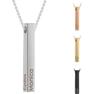 Personalized 4 Sided Vertical Engraved 3D Bar Necklace,Custom Pendant Necklace