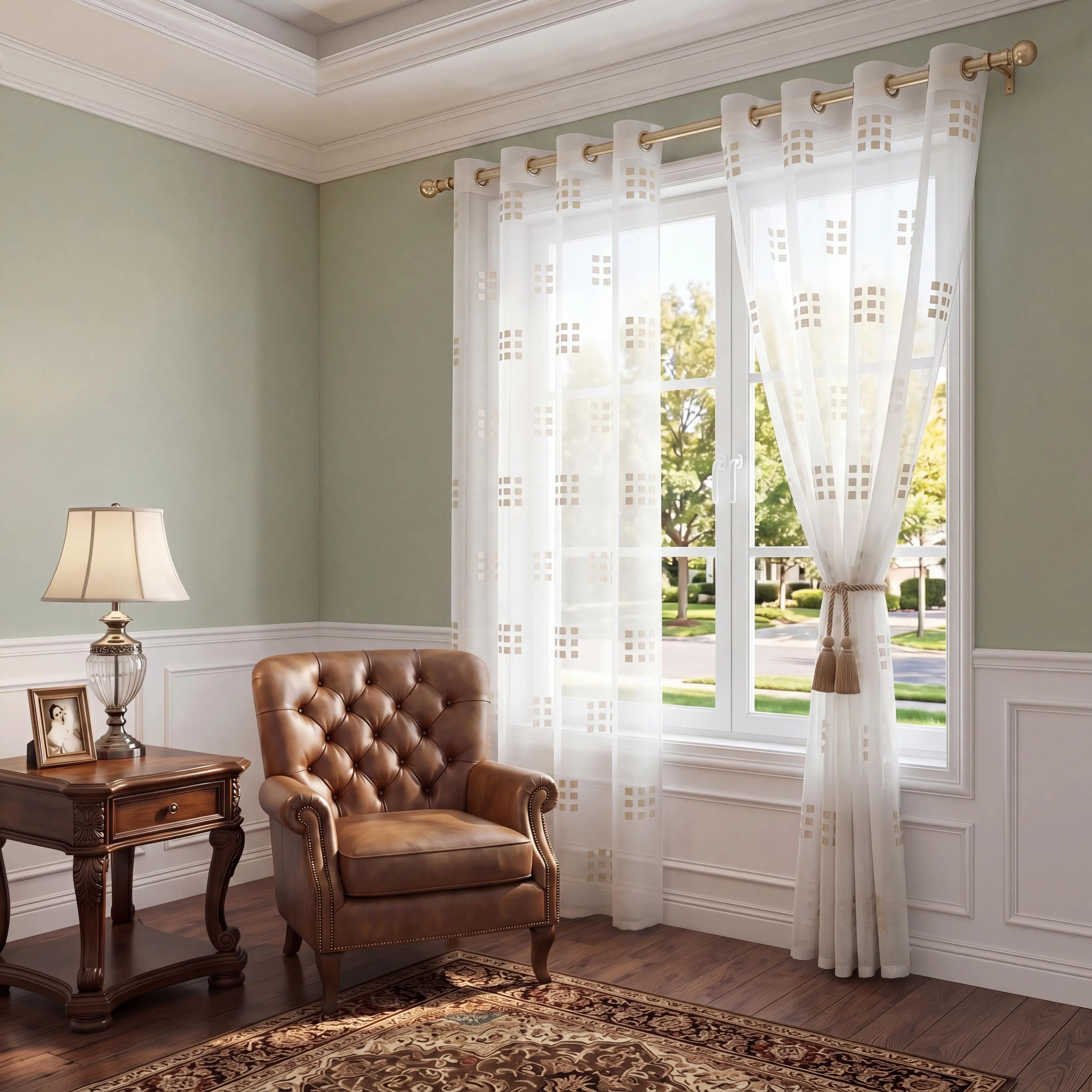 2 Pcs 52x84 in Grommet Top Window Curtains - Elegant 2-Tone 9-Grid Cut Flower Pattern, Stretch Flat Weave, Vintage Retro Functional Polyester Fits, Bedroom Decor Interior Decoration Accessories CT278