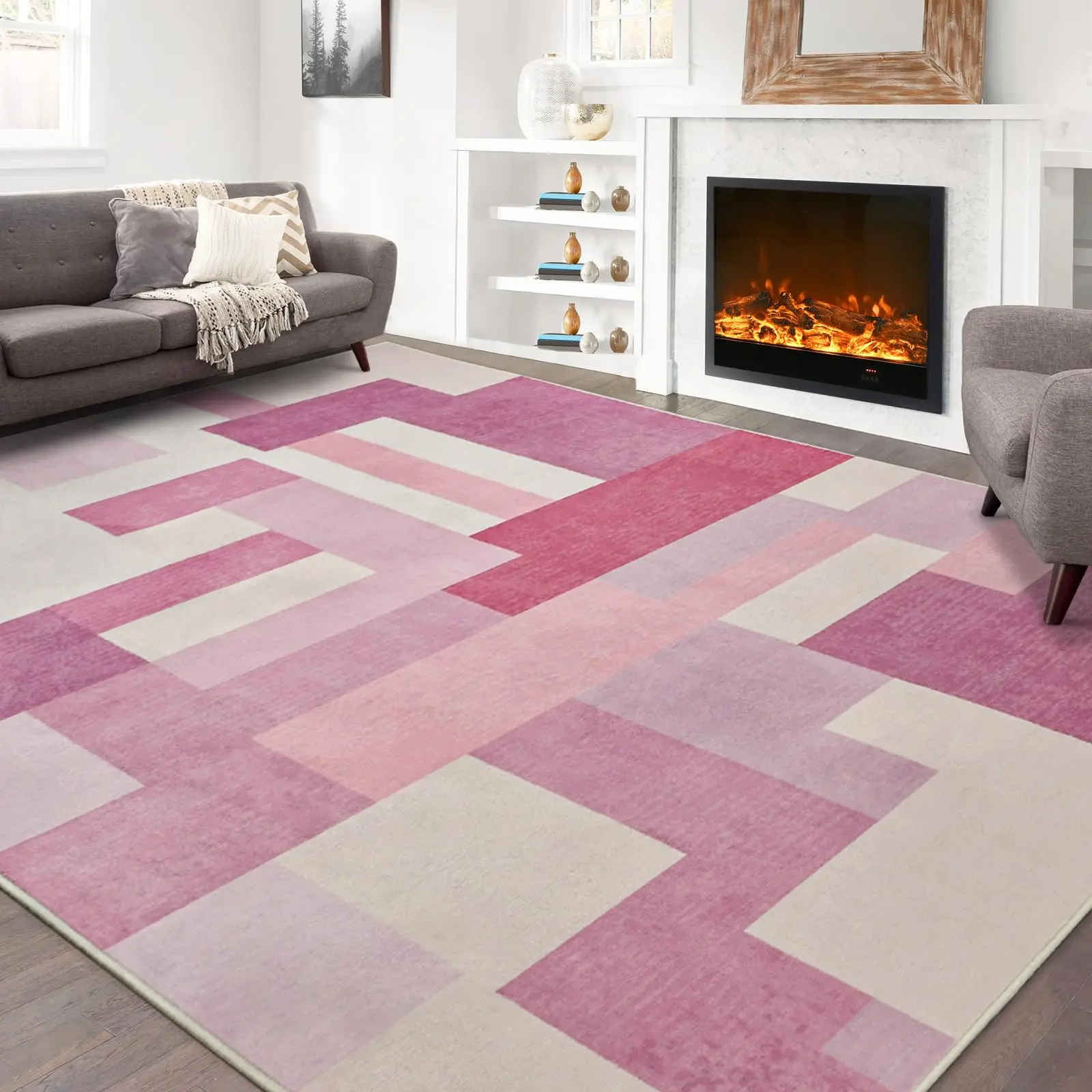 Non-Slip Reversible Pink Rug, Modern Geometric Patchwork Abstract Low-Pile Carpet | 5x8ft, 8x10ft Rugs for Bedroom, Living Room, Home Office