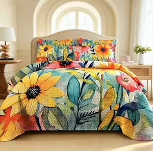 Bohemian-style lightweight quilted thin quilt / watercolor sunflower bedspread / bedding set (King/Queen/Full sizes include 2 pillowcases; Twin size includes 1 pillowcase.) Suitable for all seasons, skin-friendly and soft.