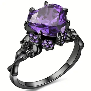 Vintage Gothic Hip-hop Amethyst Heart Skull CZ Cubic Zirconia Ring - Ideal Gift for Halloween, Mother's Day & Father's Day