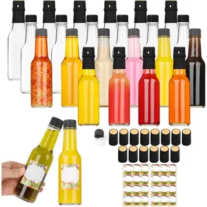 24 Pack Hot Sauce Bottles 5oz, Empty Clear Glass Woozy Bottles with Leak-Proof Black Screw Caps, Dripper Inserts & Shrink Capsules -  for Homemade Sauces, Oils & DIY Crafts