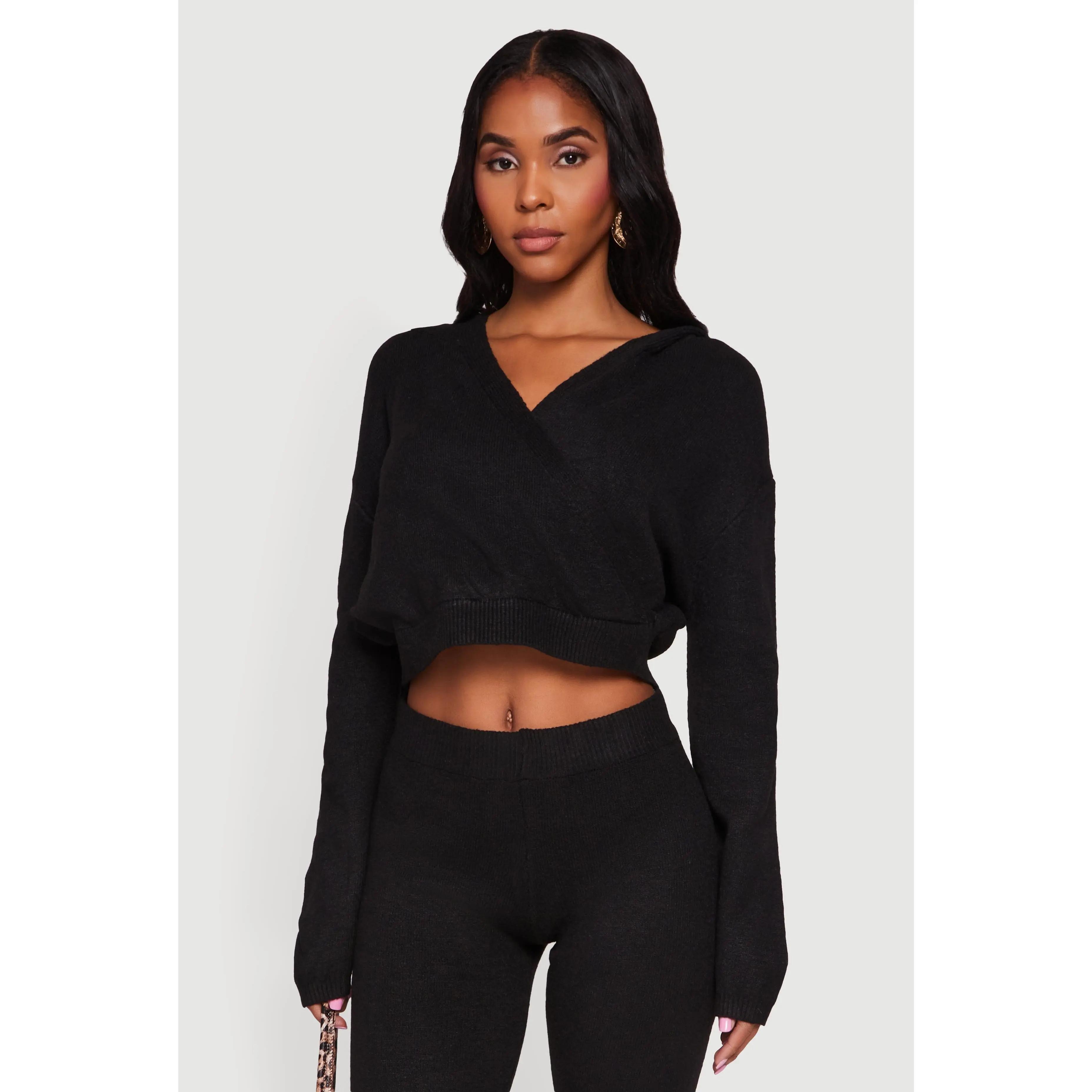Almost Famous Brushed Knit Cropped Faux Wrap Sweater Hoodie